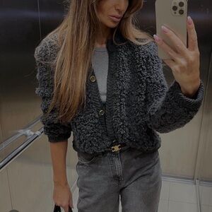 MASSIMO DUTTI NWT Shearling Teddy Boucle Knit Cardigan w Buttons Charcoal Grey